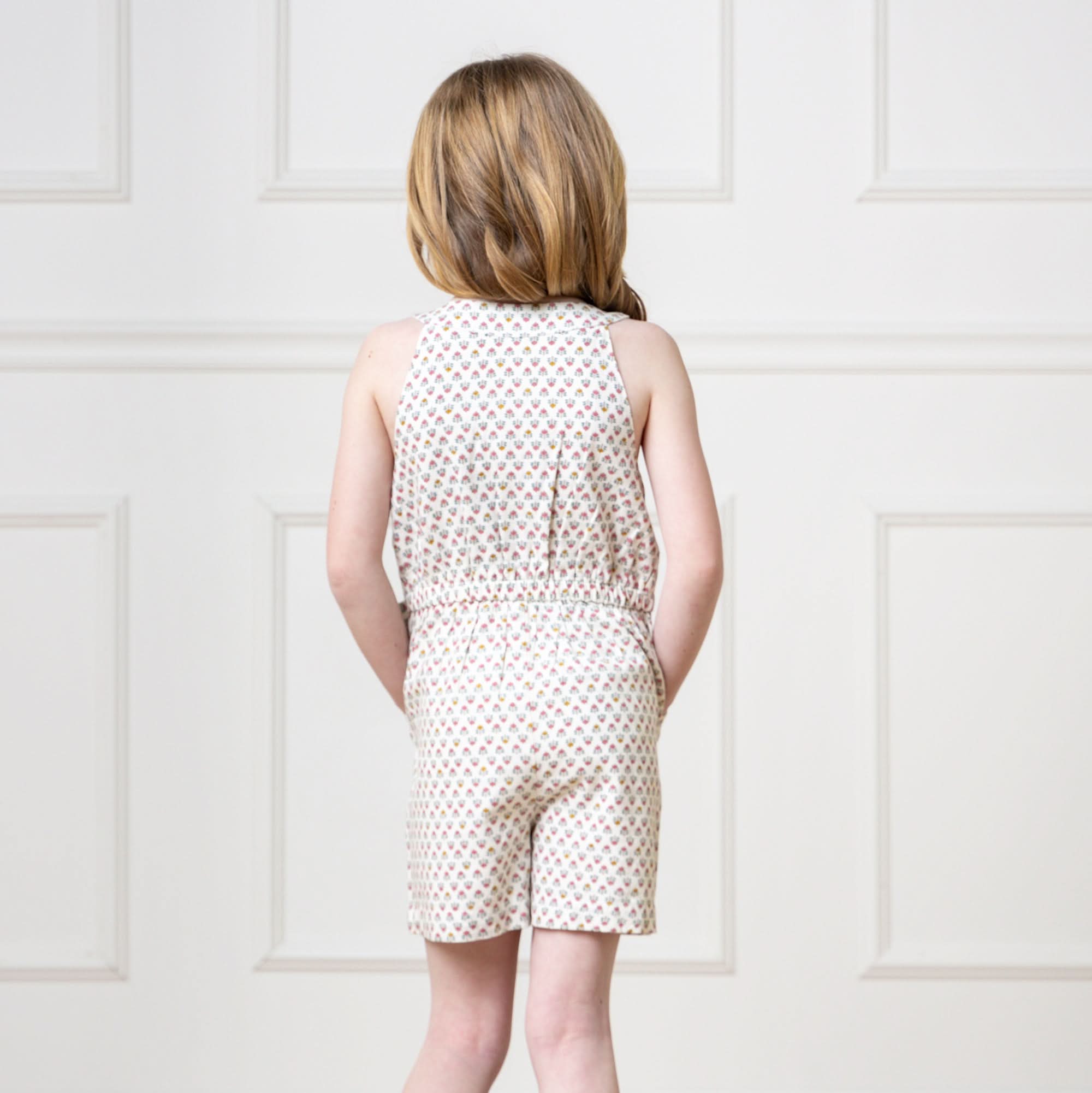 Girls Button Front Halter Romper – Organic Cotton Linen Blend with Bow & Pockets - Triniskies