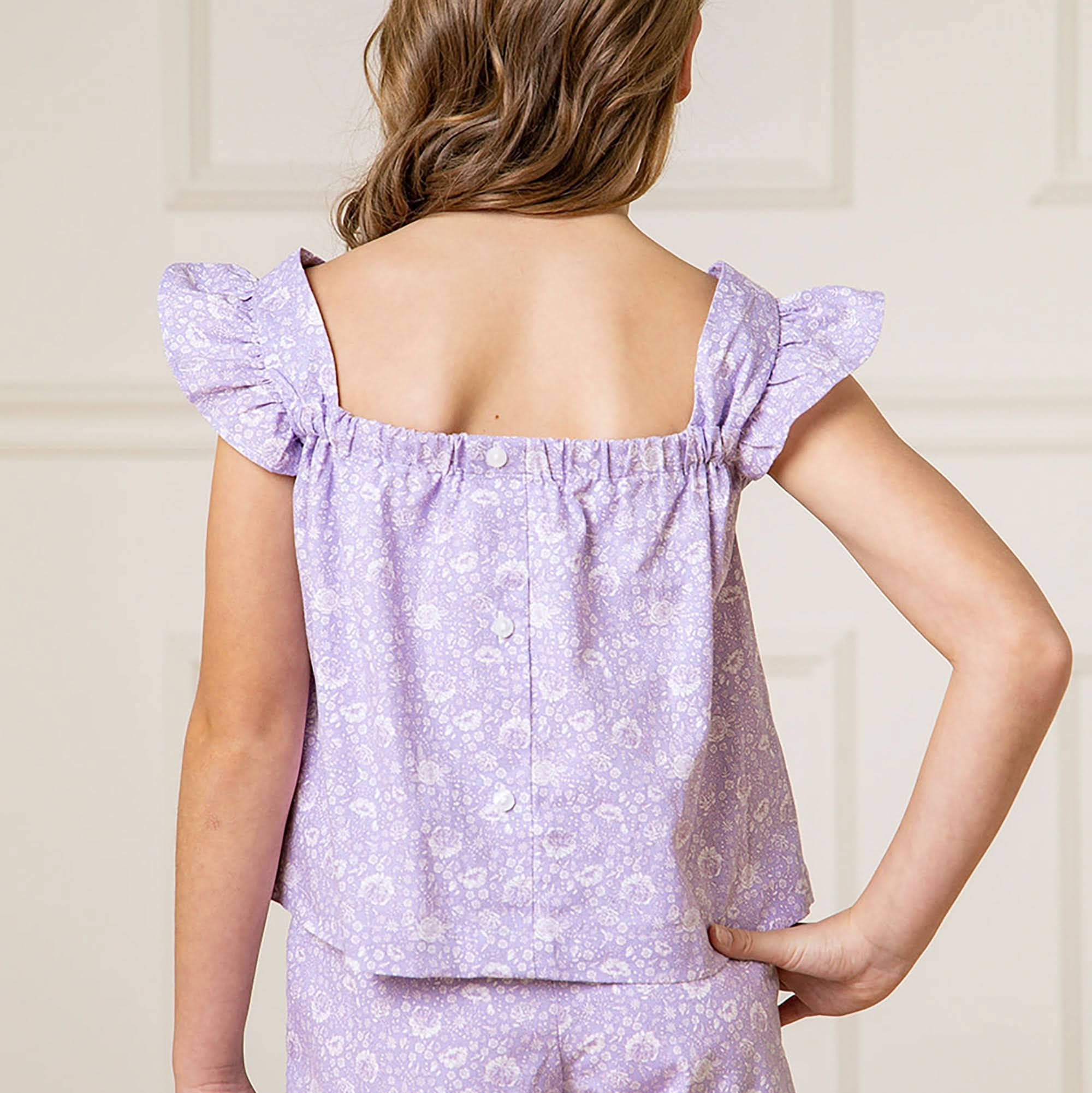 Girls Linen Blend Faux Top Romper – Lavender Floral Summer Outfit - Triniskies