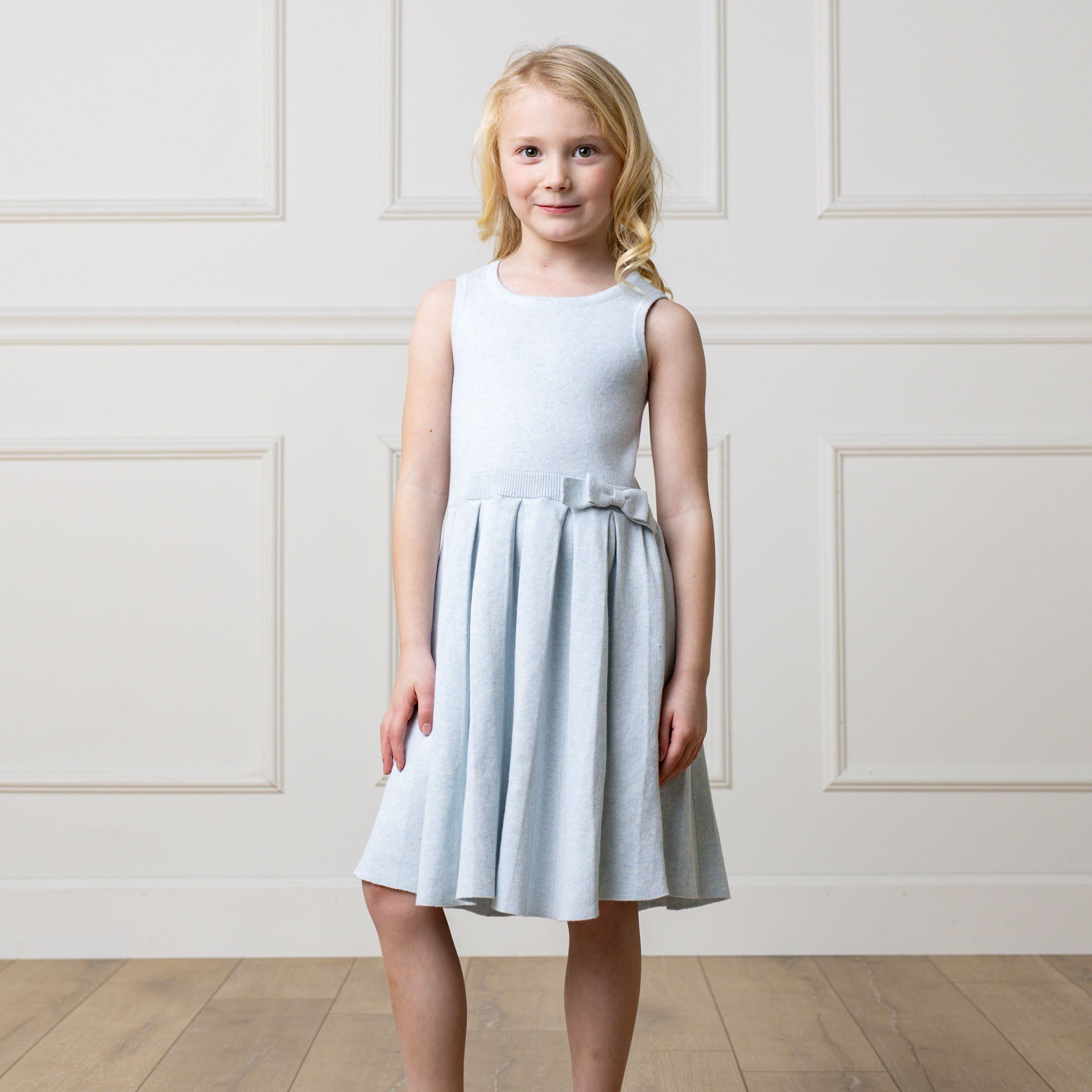 Girls Organic Cotton Pleated Sweater Dress – Light Blue Heather - Triniskies