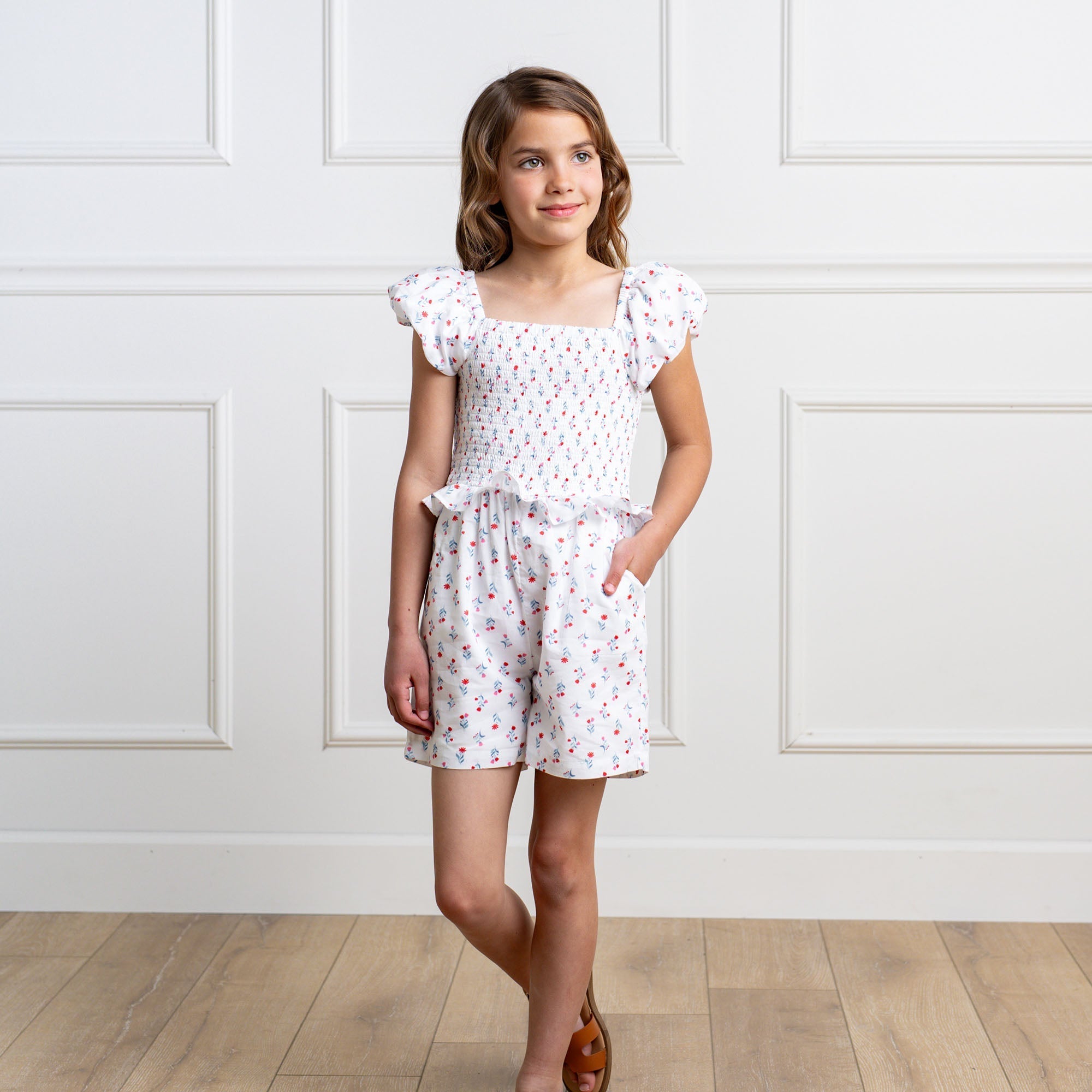 Girls Organic Puff Sleeve Smocked Romper – Paris Floral | Hope & Henry - Triniskies