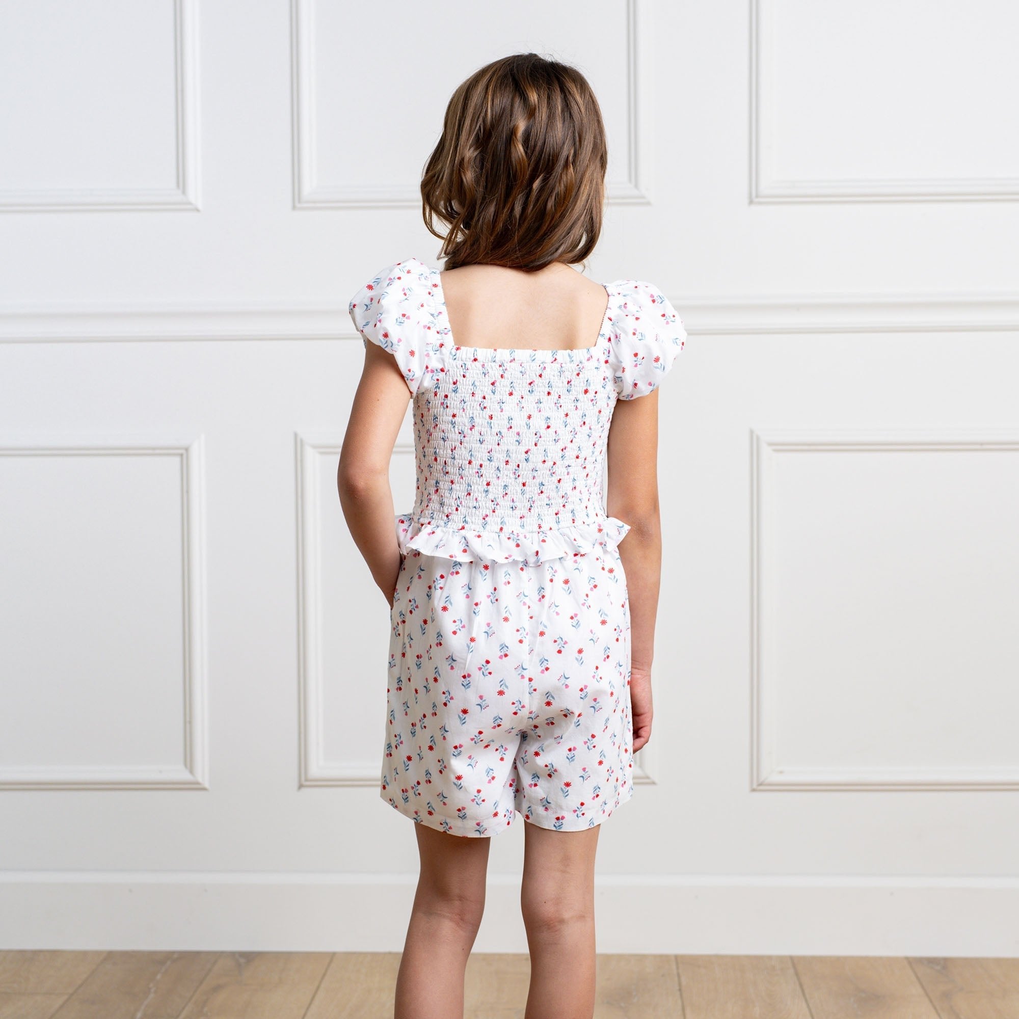 Girls Organic Puff Sleeve Smocked Romper – Paris Floral | Hope & Henry - Triniskies