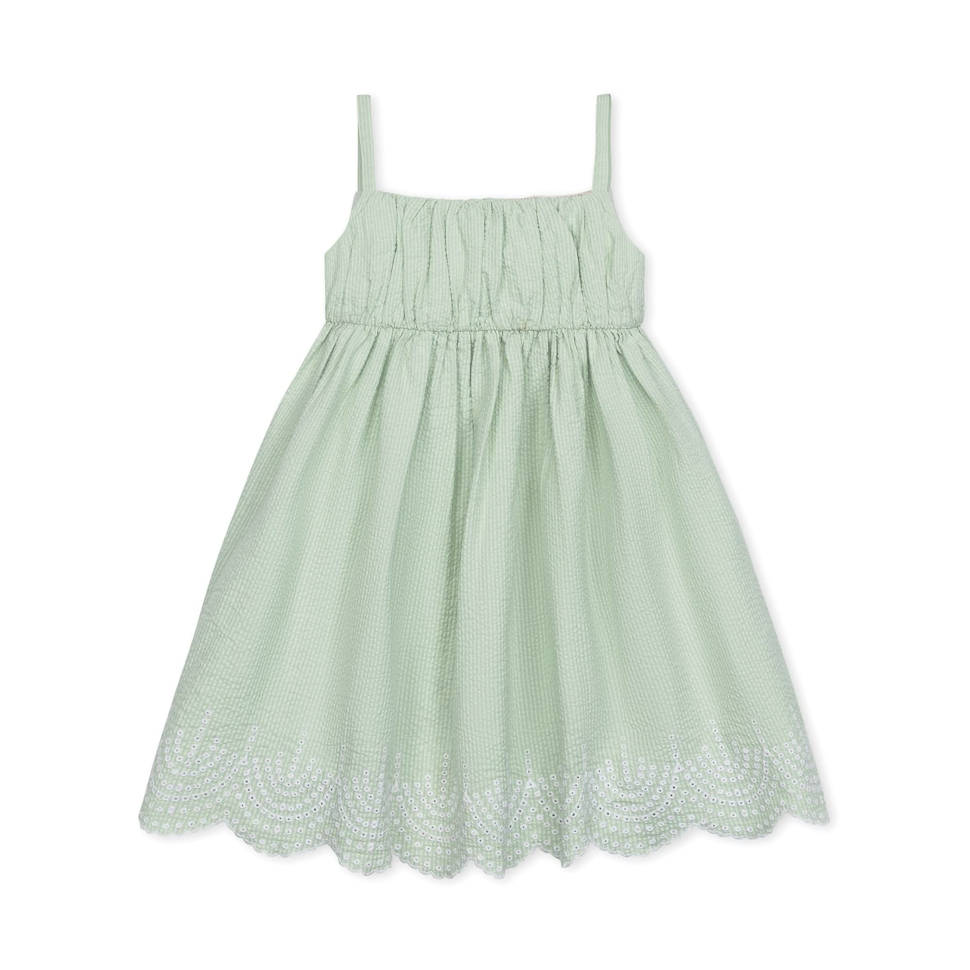 Girls Ruched Organic Cotton Party Dress – Mint Seersucker Special Occasion Outfit - Triniskies