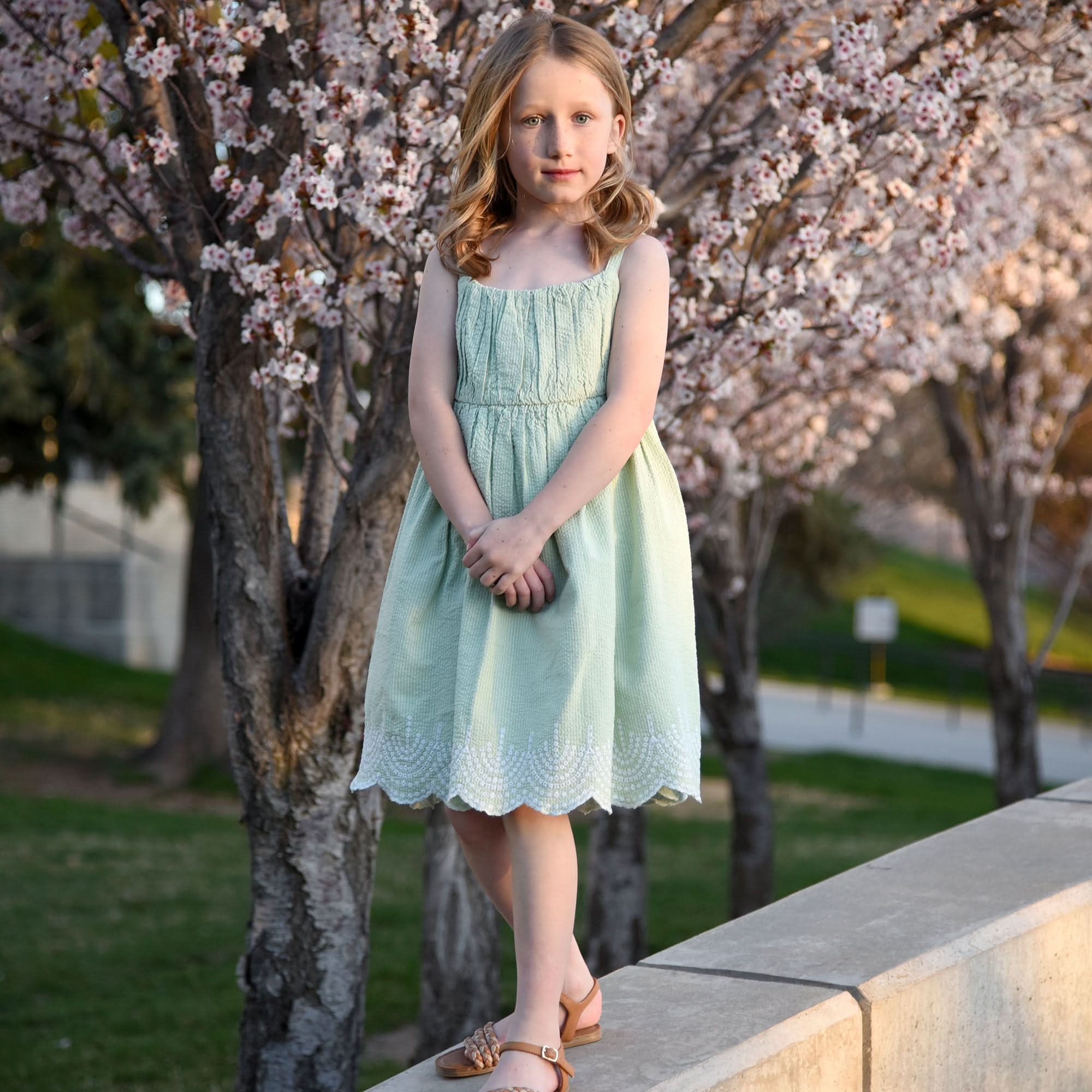 Girls Ruched Organic Cotton Party Dress – Mint Seersucker Special Occasion Outfit - Triniskies