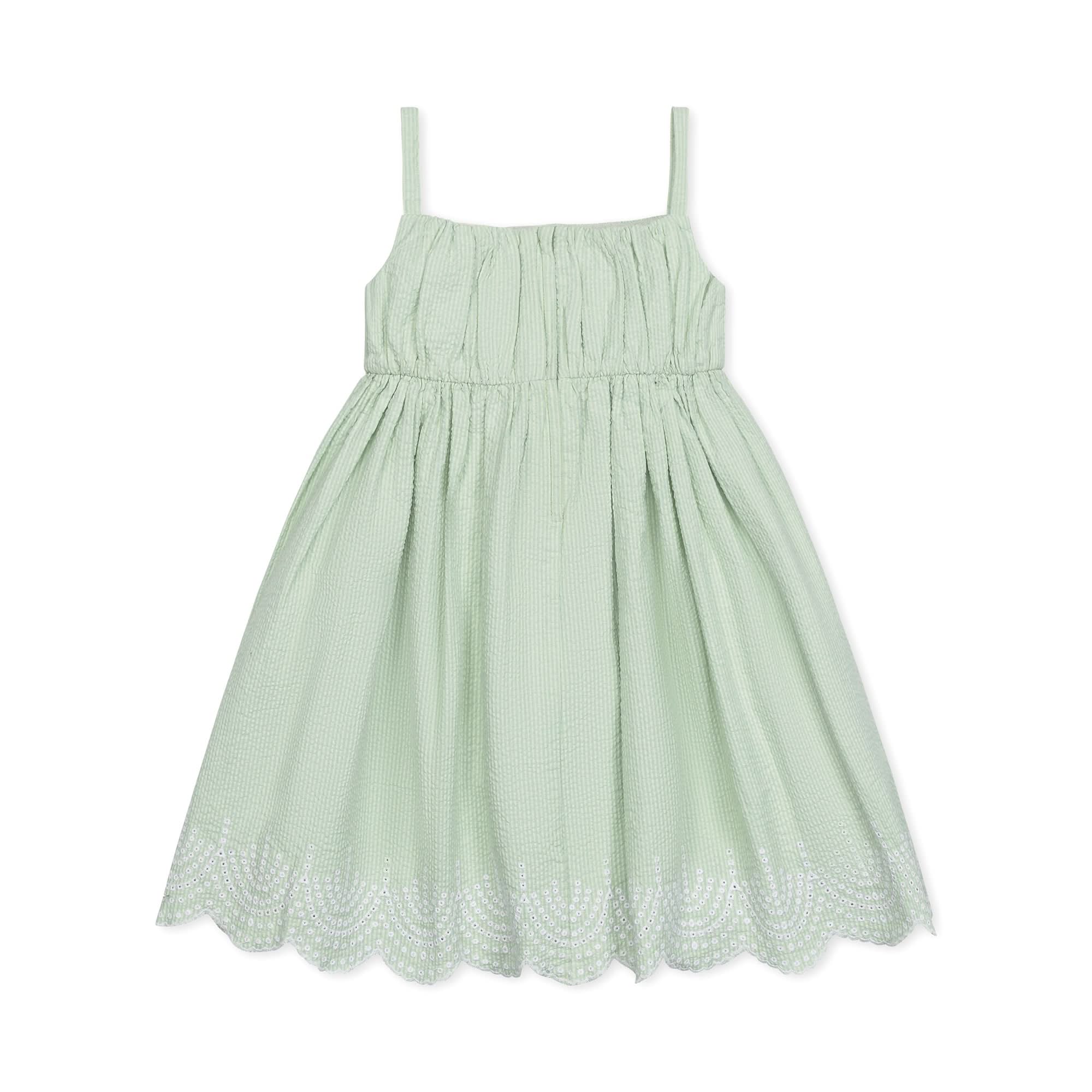 Girls Ruched Organic Cotton Party Dress – Mint Seersucker Special Occasion Outfit - Triniskies