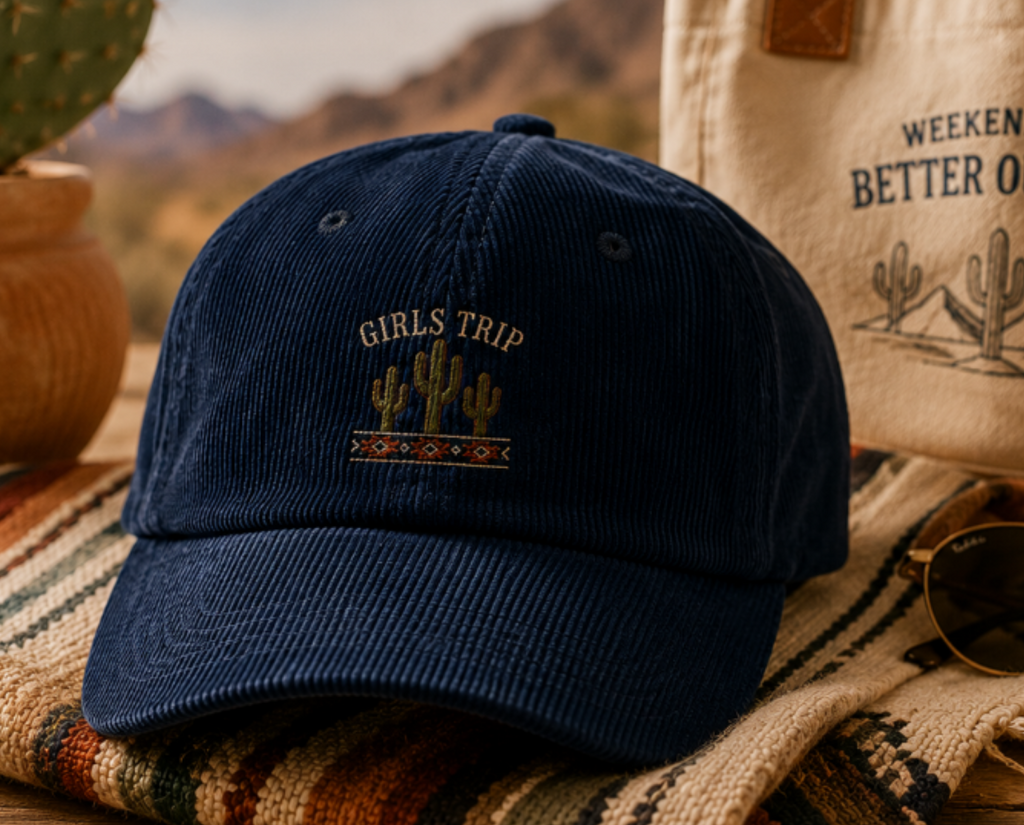Blue cap with cactus design, beige bag with desert-themed text, and sunglasses on a rustic surface with desert background.