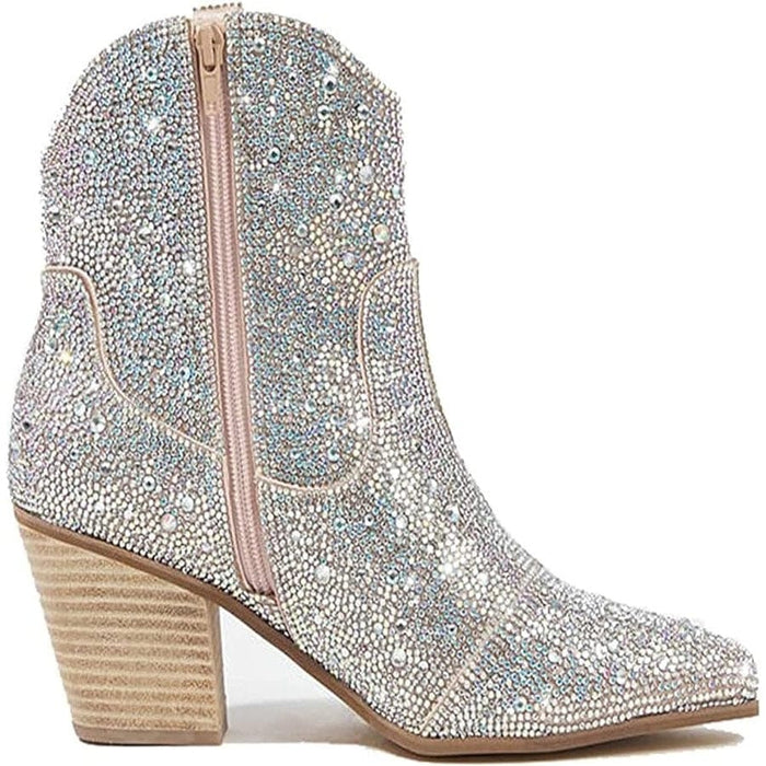 Gloryinterest Women's Rhinestone Ankle Boots Chunky Western Cowboy Short Booties Size 40 / 8