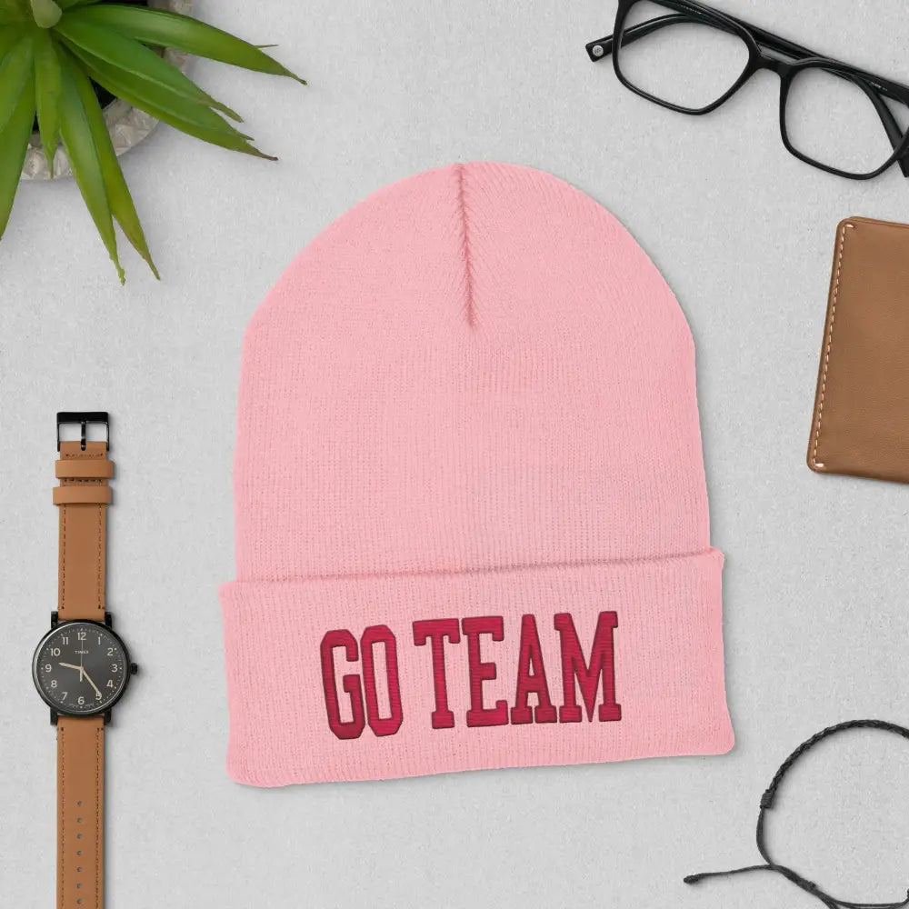 Pink Go Team embroidered cuffed beanie knit winter hat