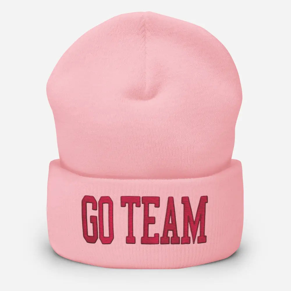 Pink Embroidered Cuffed Beanie Knit Winter Hat with Go Team