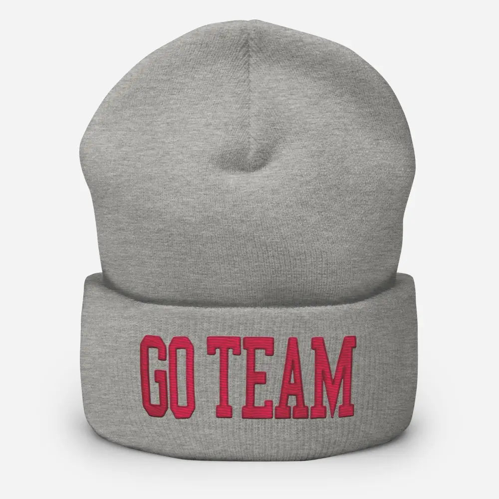Grey embroidered cuffed beanie with red GO TEAM knit winter hat