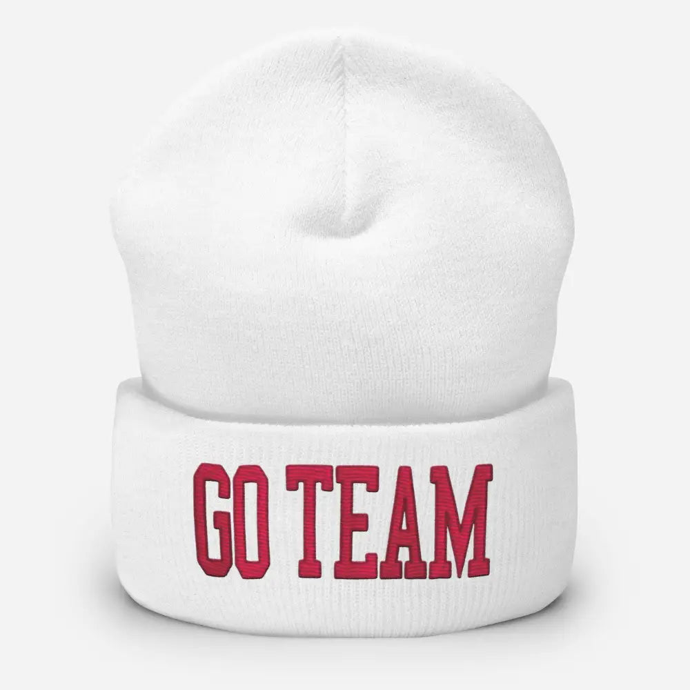 White embroidered cuffed beanie with GO TEAM in red