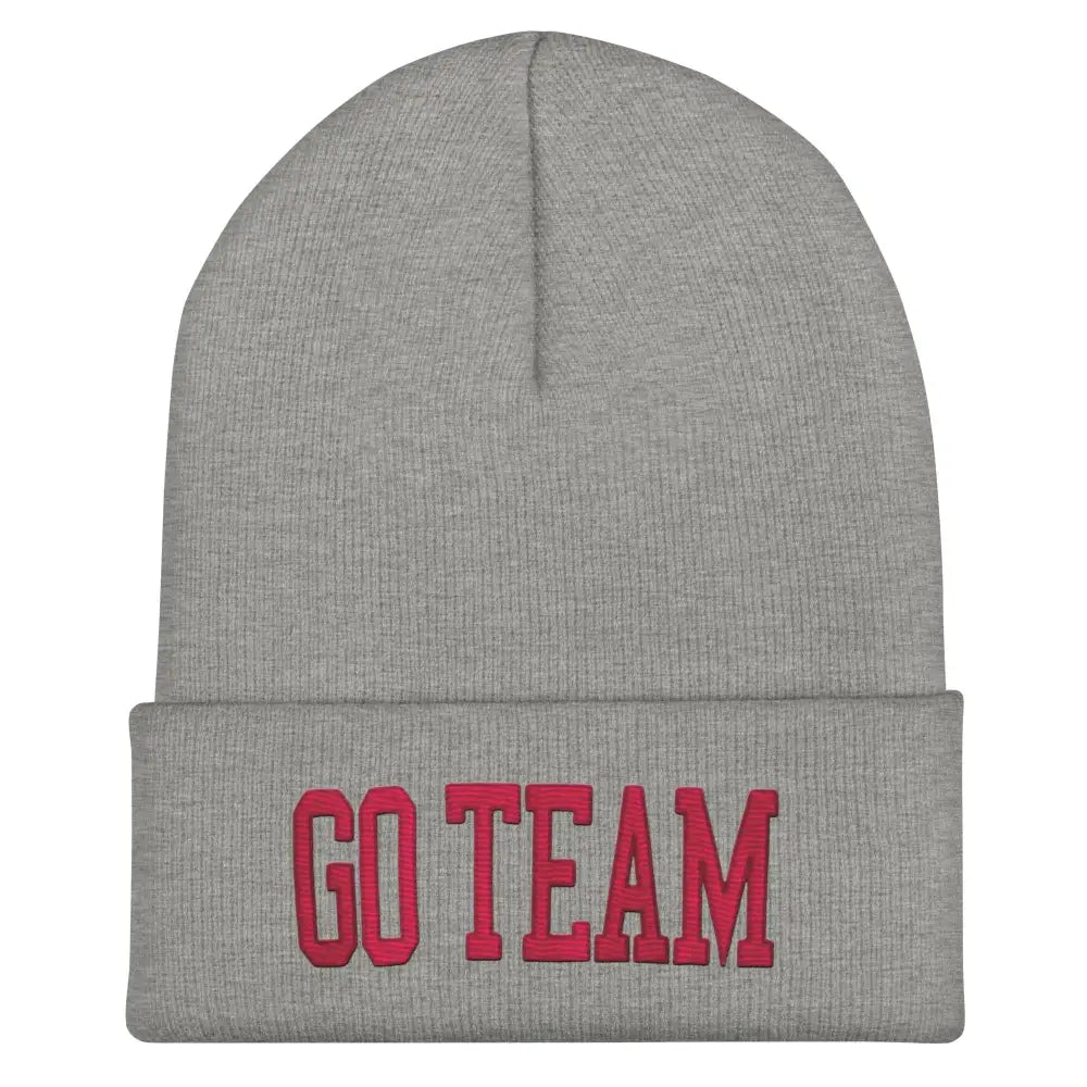 Gray Embroidered Cuffed Beanie with GO TEAM in Red