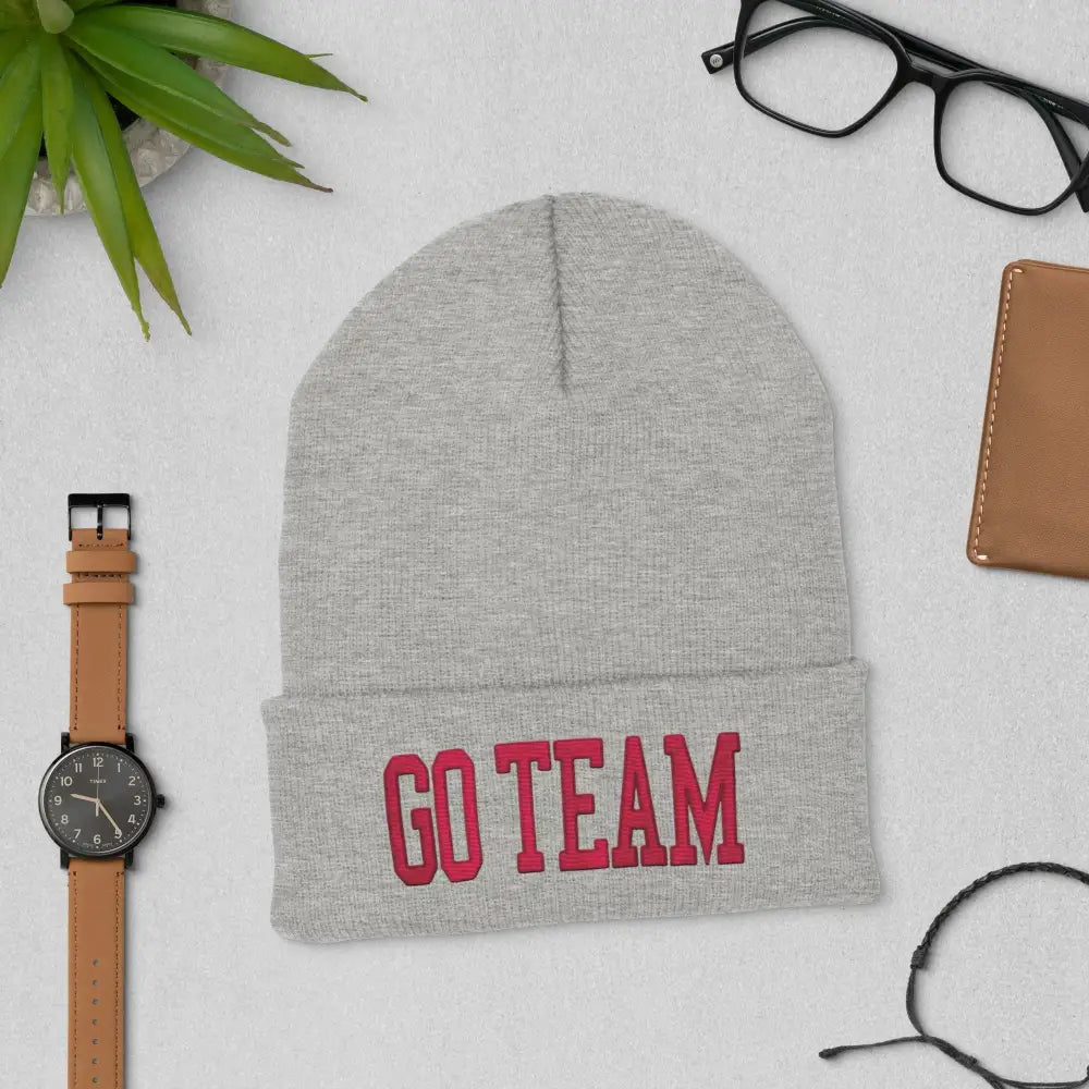 Light grey embroidered cuffed beanie with GO TEAM in red