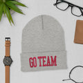 Light grey embroidered cuffed beanie with GO TEAM in red
