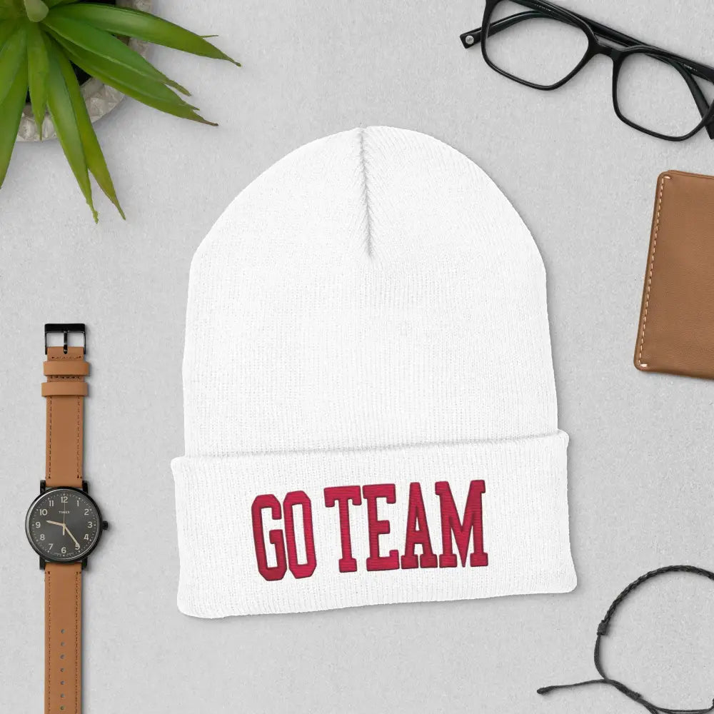 White embroidered cuffed beanie with red GO TEAM knit design