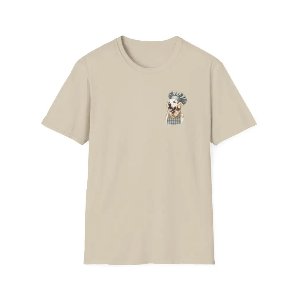 Golden Chef Culinary Adventures Tee with dog chef graphic on ring-spun cotton