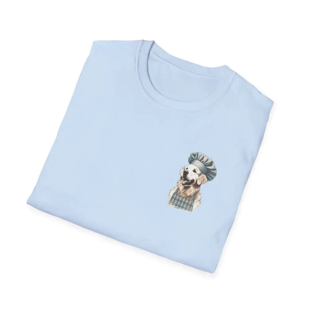 Light blue Golden Chef Culinary Adventures Tee with chef dog graphic in ring-spun cotton
