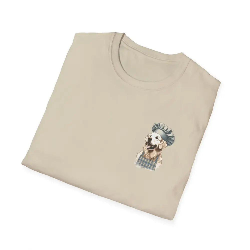 Folded beige Golden Chef Culinary Adventures Tee with dog graphic
