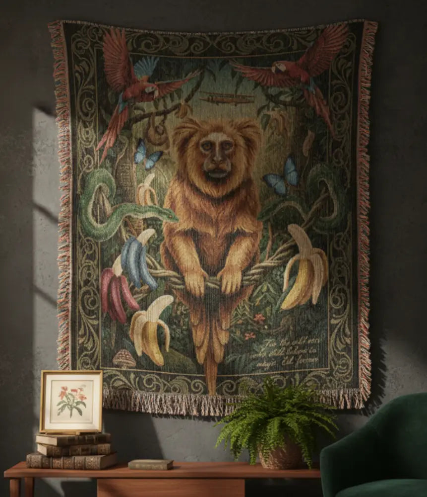 Golden lion tamarin heirloom woven cotton blanket with monkey, parrots, bananas