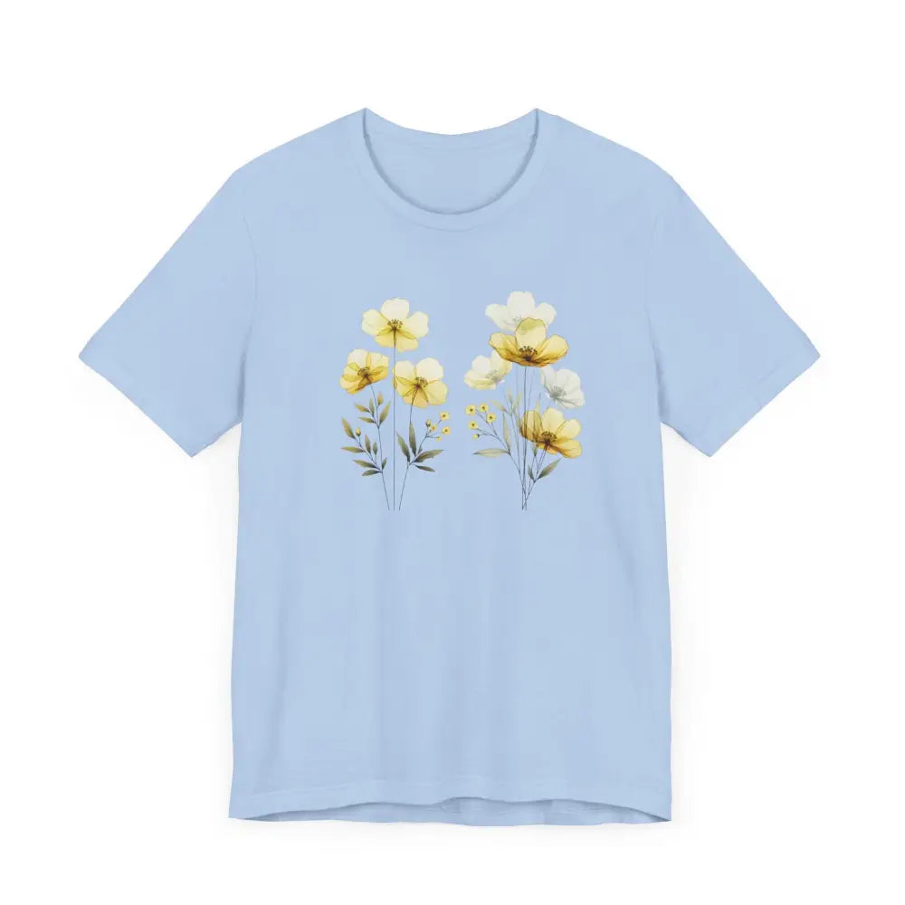 Light blue wildflowers graphic tee with yellow white floral design