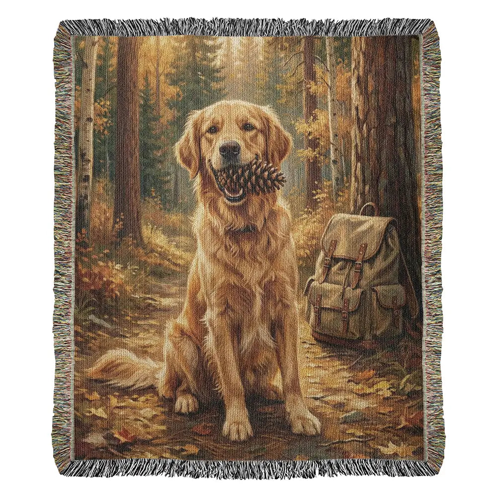 Golden retriever in autumn woods on cotton adventure blanket
