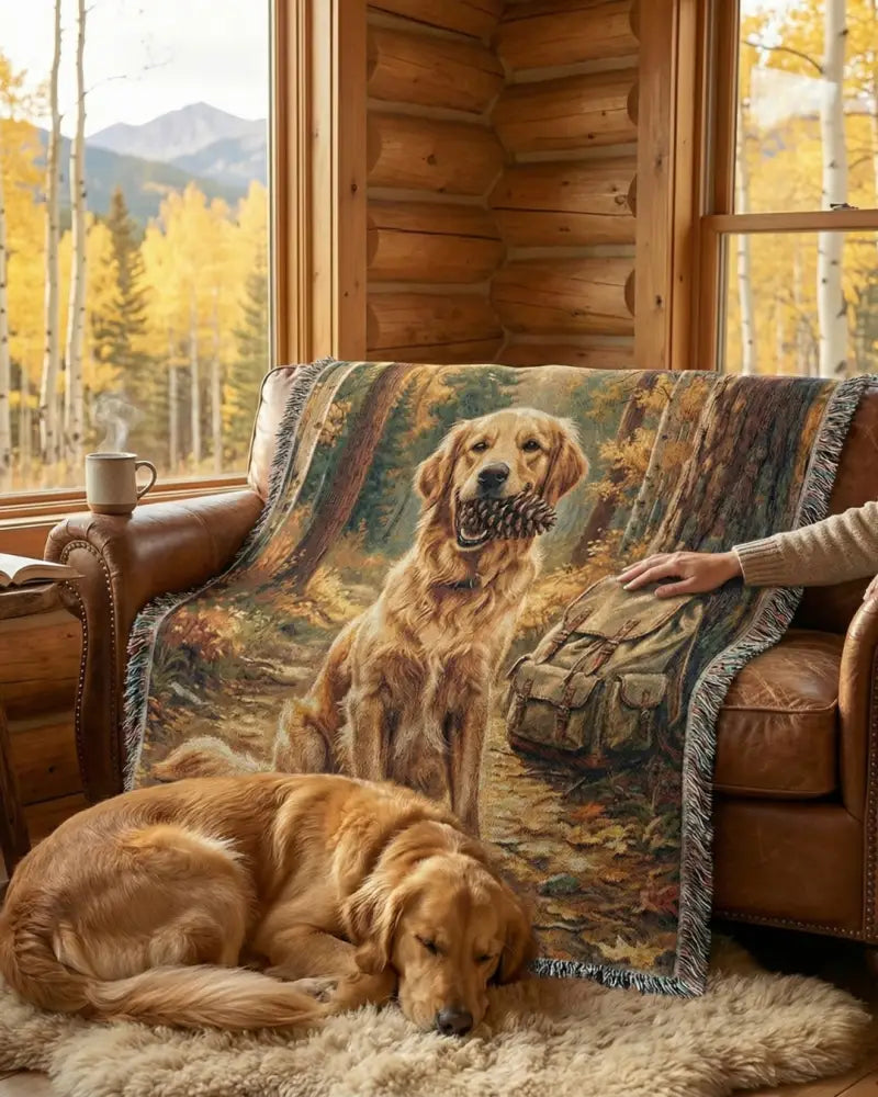 Golden retriever in autumn woods cotton adventure blanket