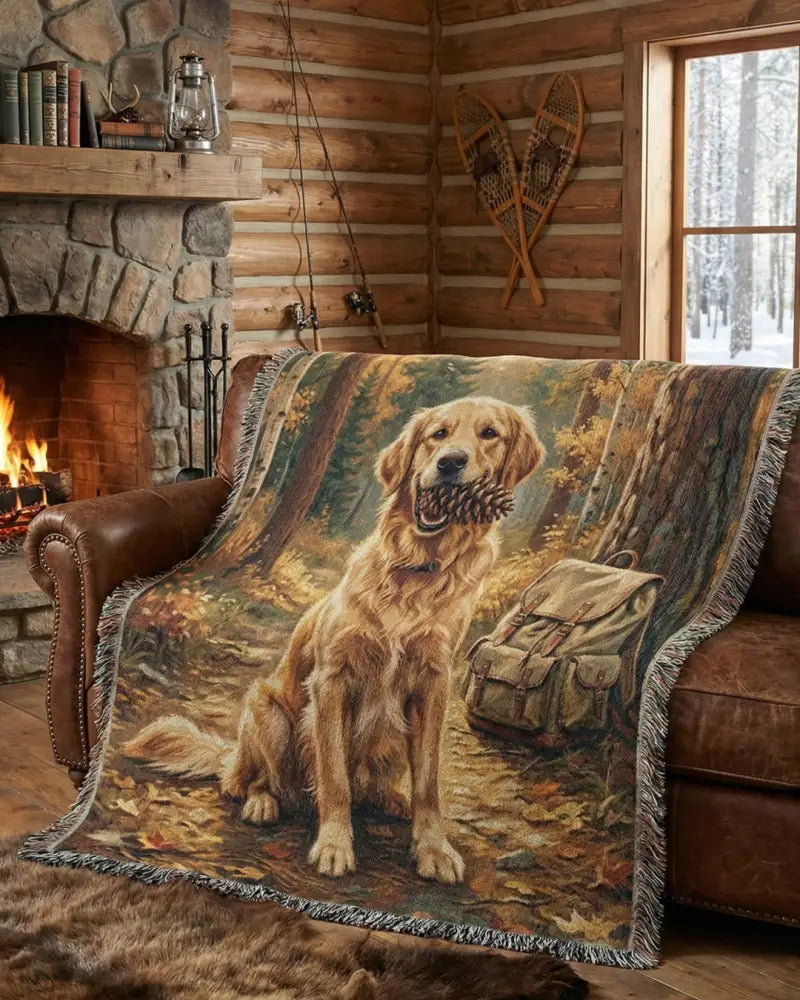 Golden retriever in autumn woods cotton adventure blanket with woven forest scene