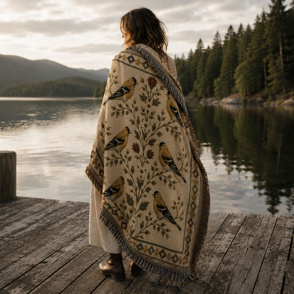 The Goldfinch Folk Sampler woven throw wrapped around a woman on a lake dock — Trini Skies
