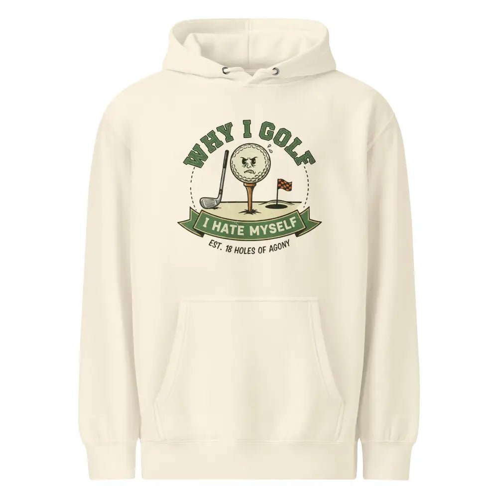 Cream golf hoodie with grumpy face graphic and funny text