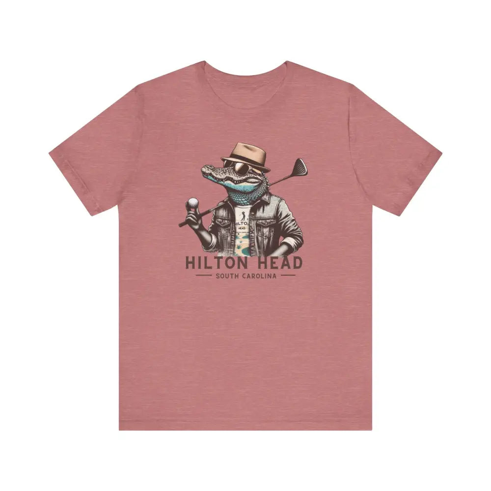 Dusty rose gator golf graphic tee with Hilton Head alligator in fedora