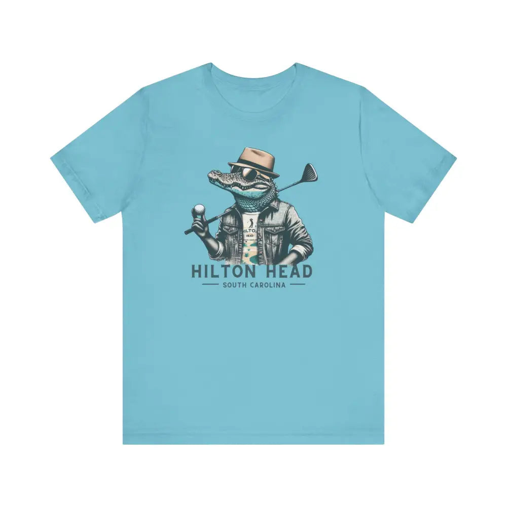 Light blue Gator Golf Graphic Tee with Hilton Head alligator design
