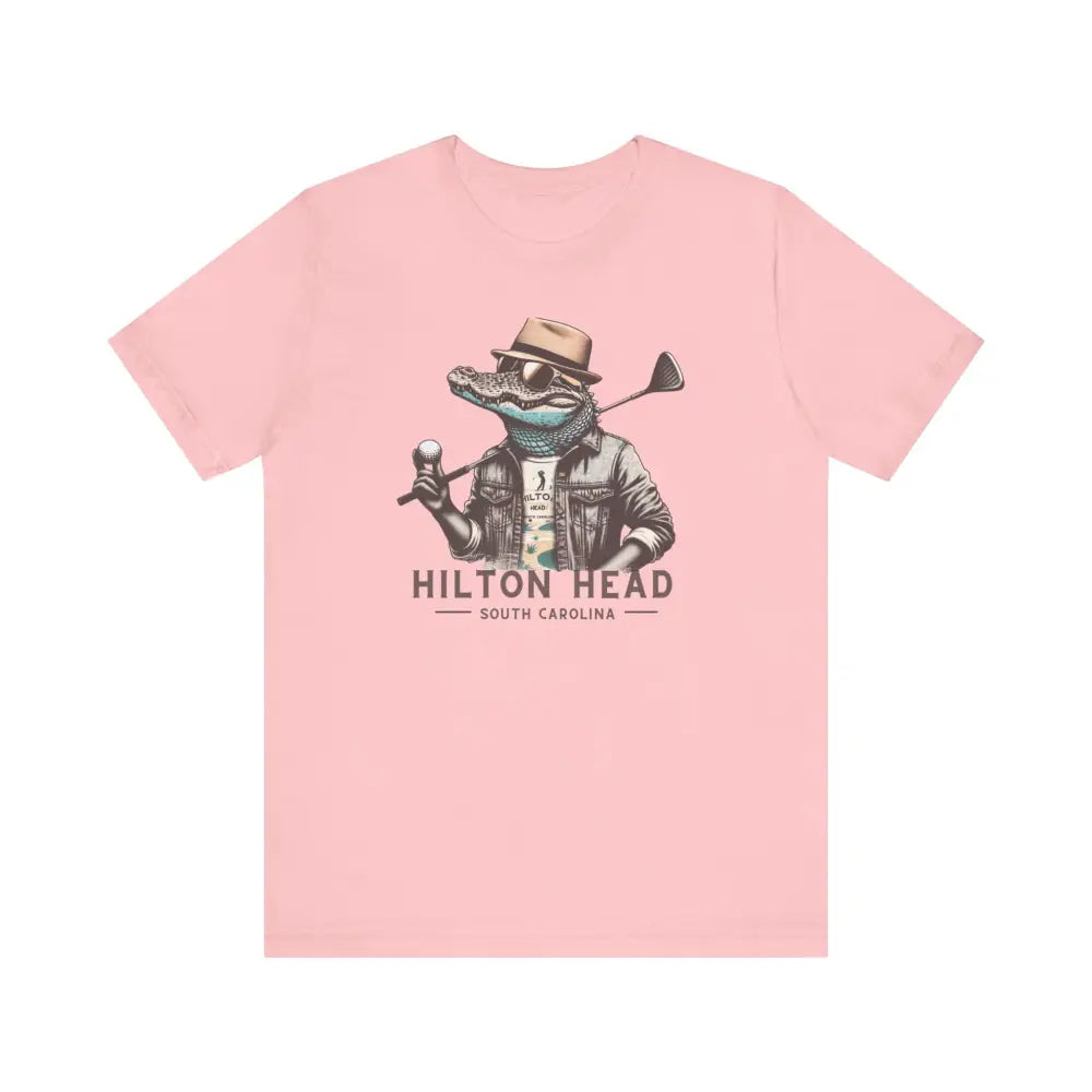 Pink Gator Golf Graphic Tee with alligator in hat and sunglasses