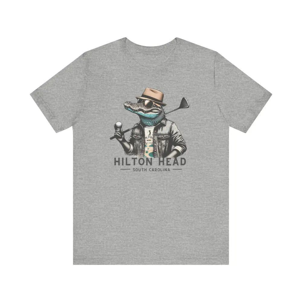 Gator golf graphic tee with alligator in hat, sunglasses, Hilton Head South Carolina