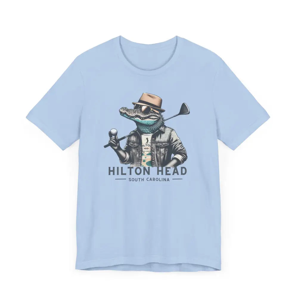 Light blue Gator Golf graphic tee with golfing alligator, Hilton Head