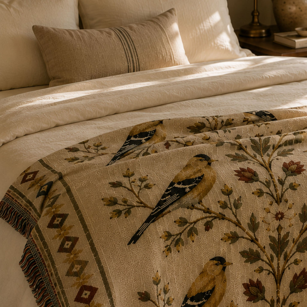 The Goldfinch Folk Sampler woven throw draped over a chair in an editorial cabin setting — Trini Skies