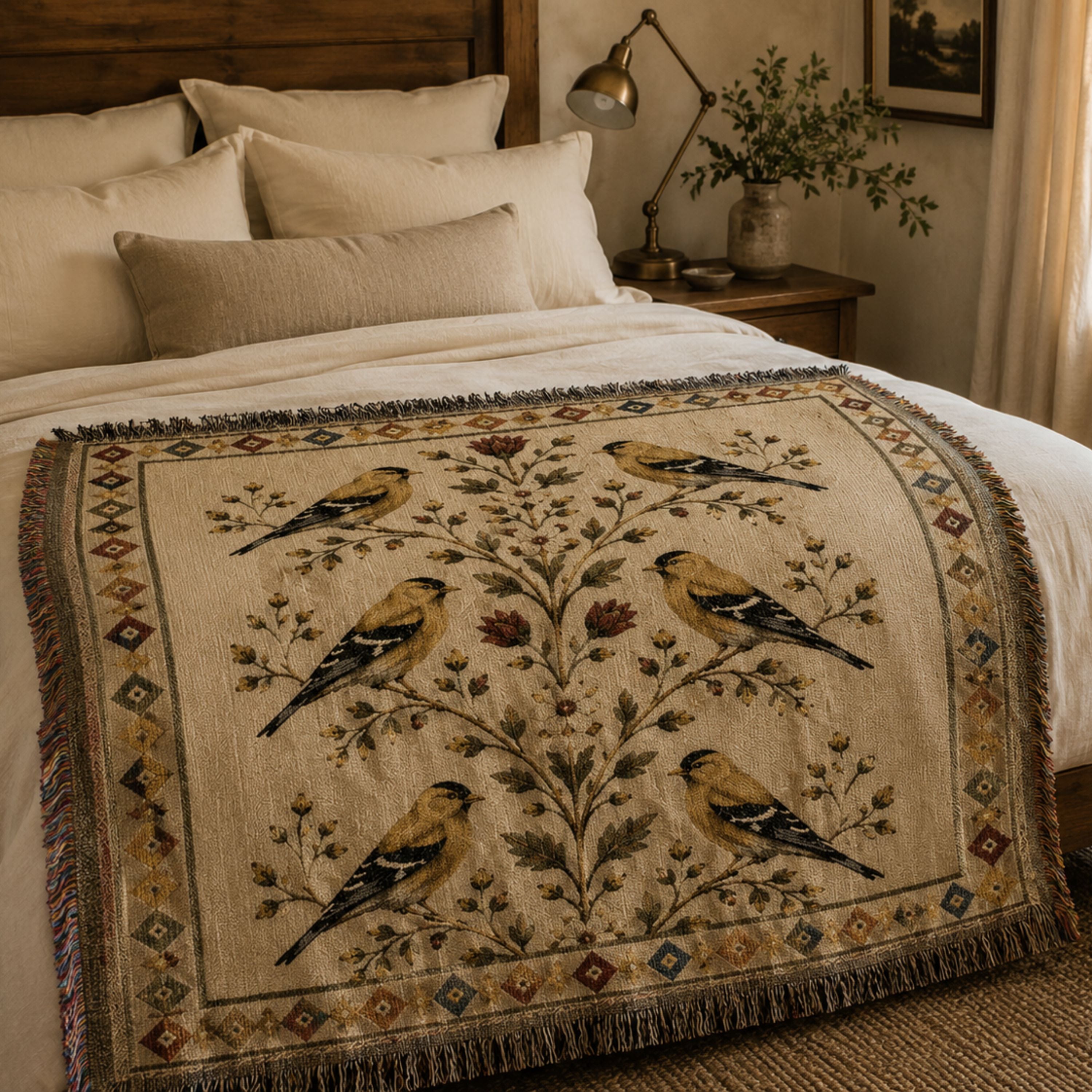 The Goldfinch Folk Sampler woven throw layered on a bed in a farmhouse bedroom — Trini Skies