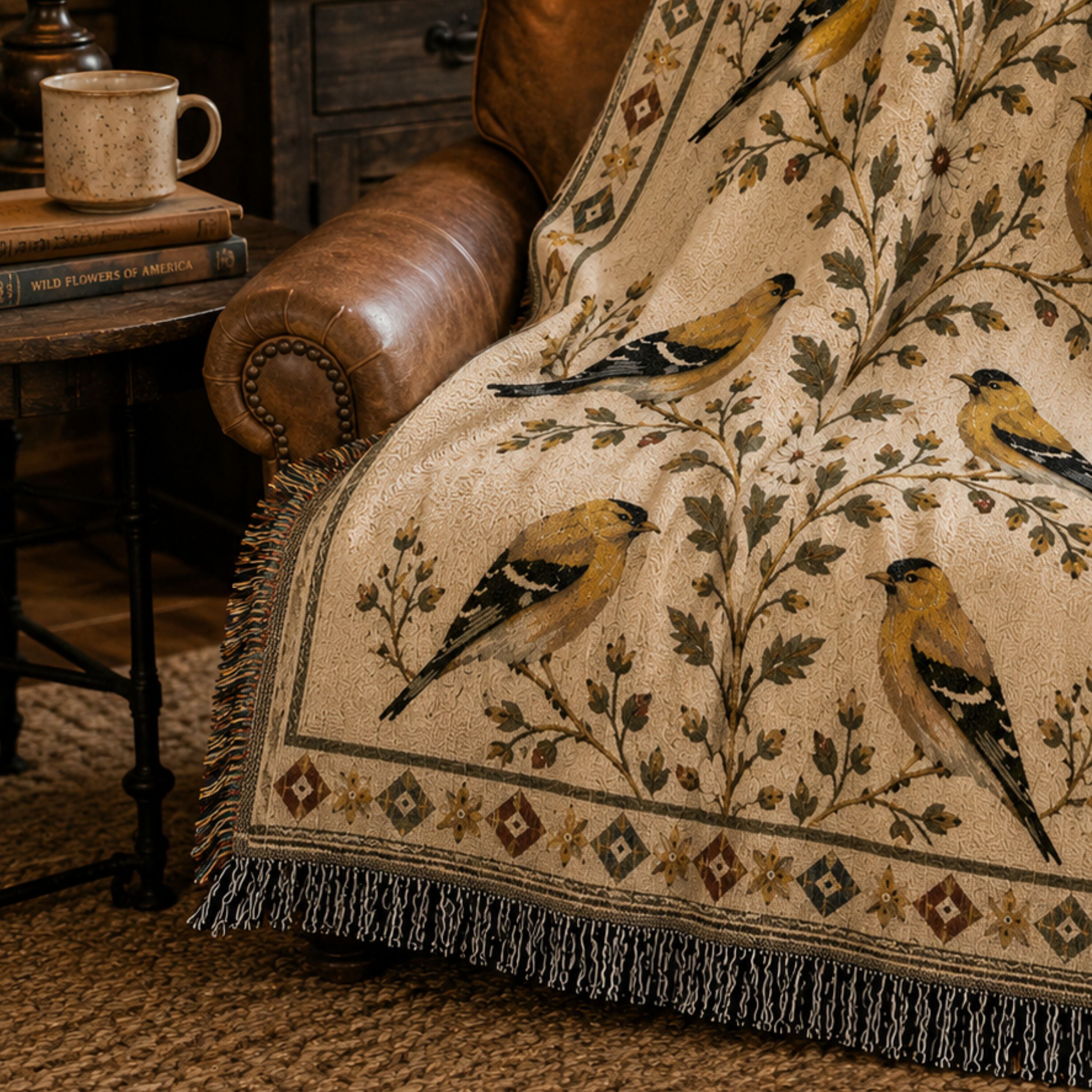 The Goldfinch Folk Sampler woven throw on a leather chair in a cabin — Trini Skies
