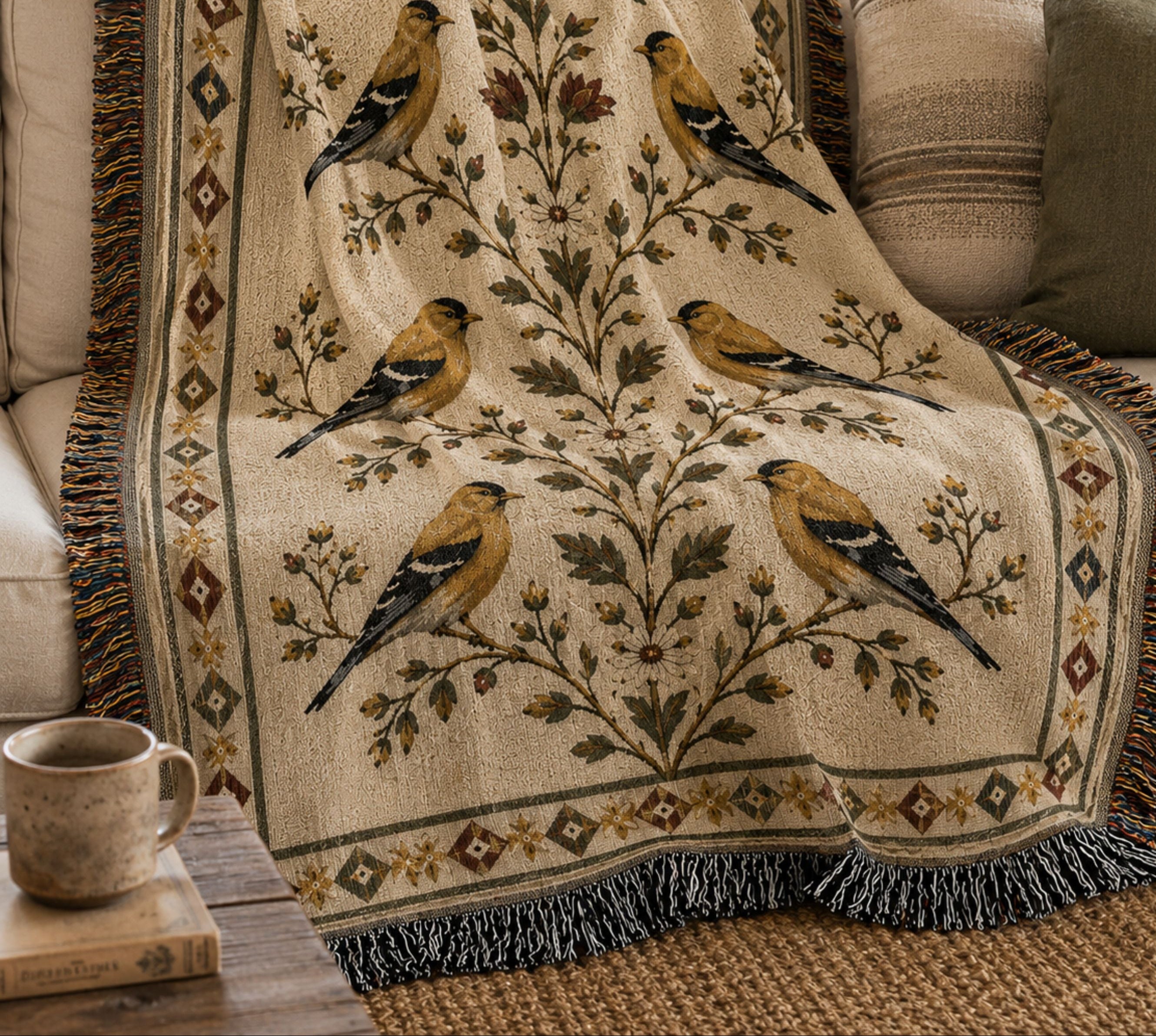 The Goldfinch Folk Sampler woven throw draped over a sofa in a cottage living room — Trini Skies