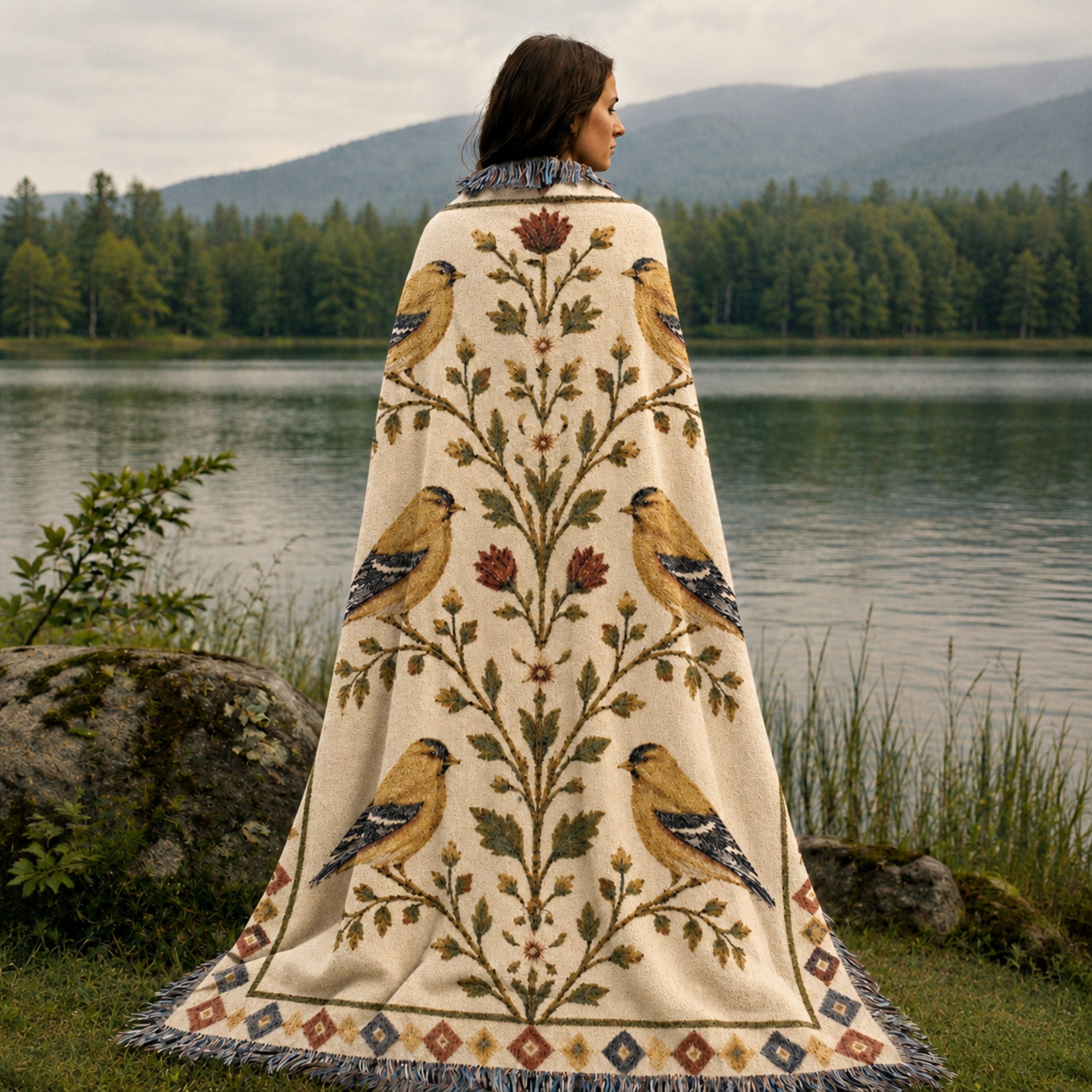 Woman wrapped in the Goldfinch Folk Sampler woven throw by a lake — Trini Skies