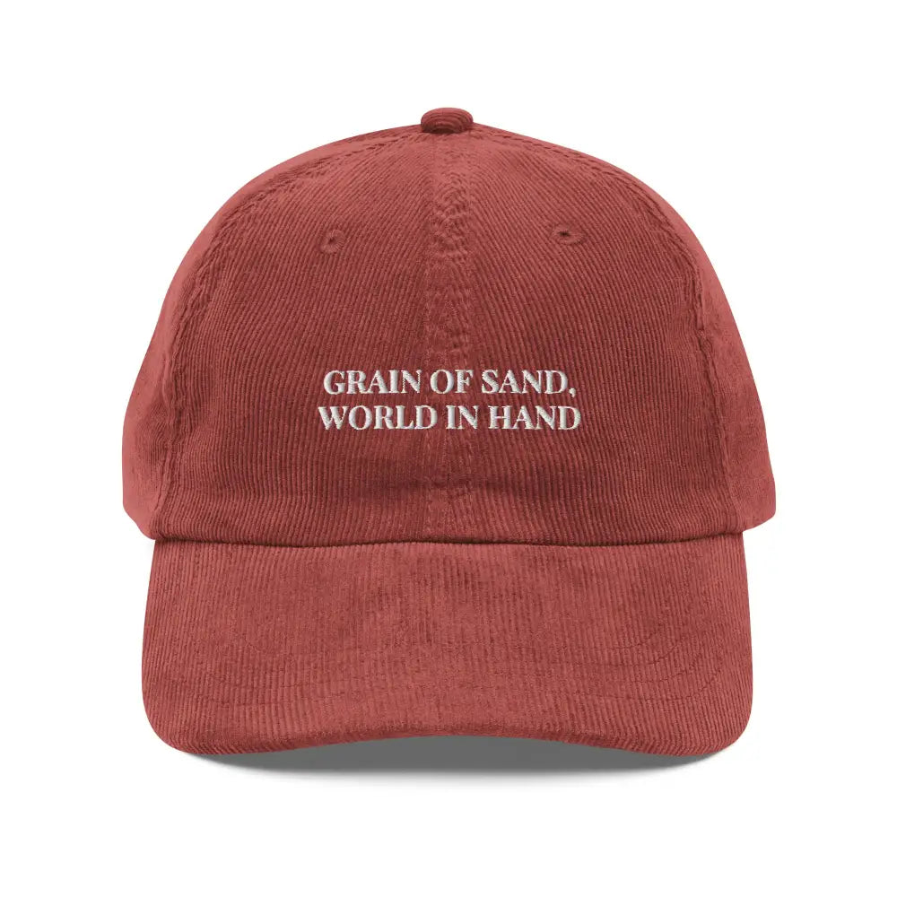 Vintage embroidered corduroy cap with Grain of Sand World in Hand text