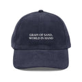 Navy blue vintage corduroy embroidered cap with white Grain of Sand text