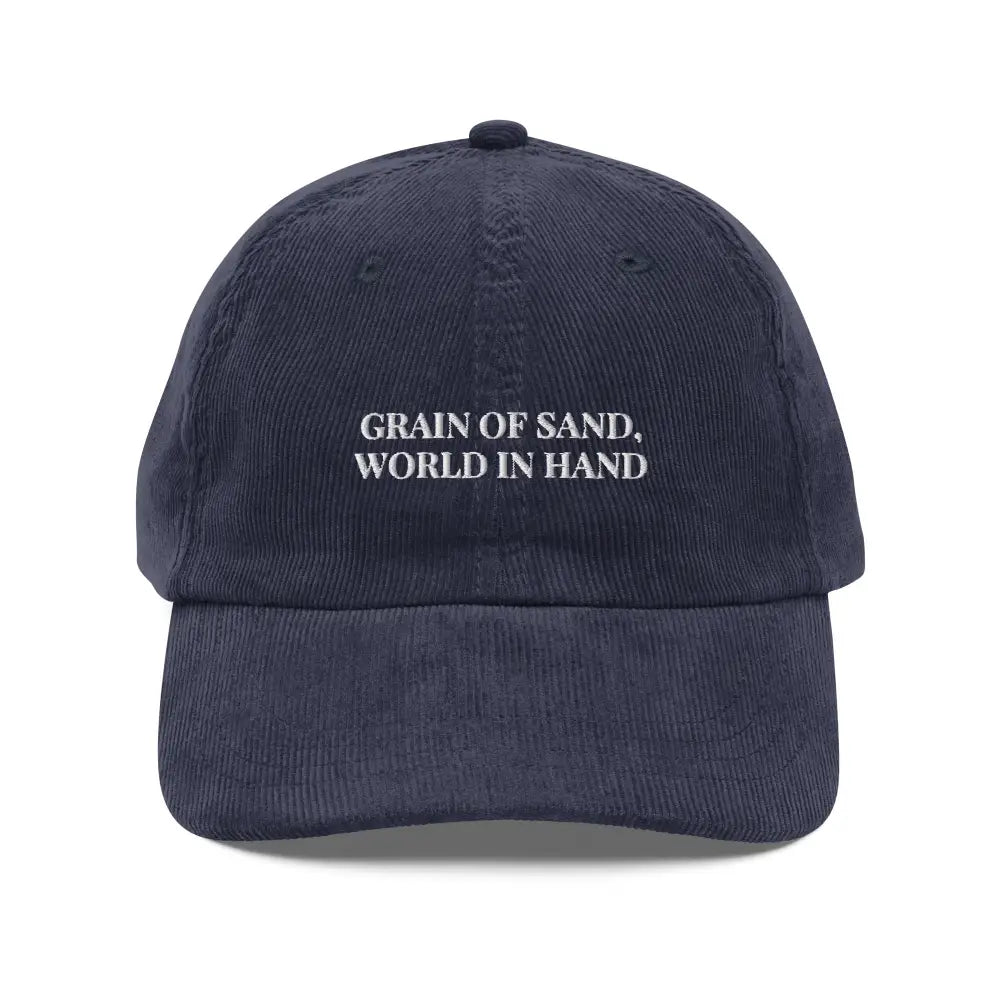 Navy blue vintage corduroy embroidered cap with white Grain of Sand text