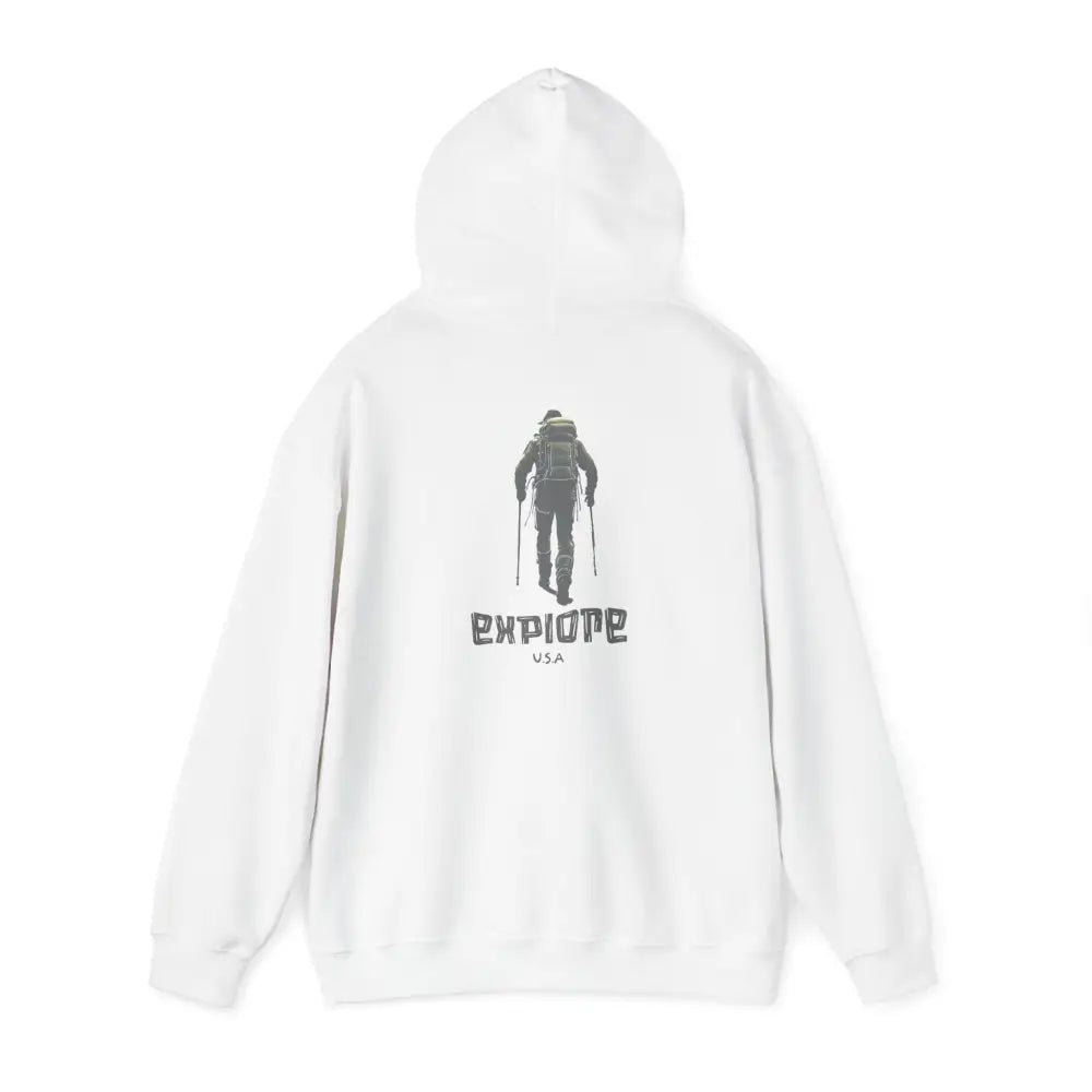 White explorer bear hoodie with hiker graphic on back