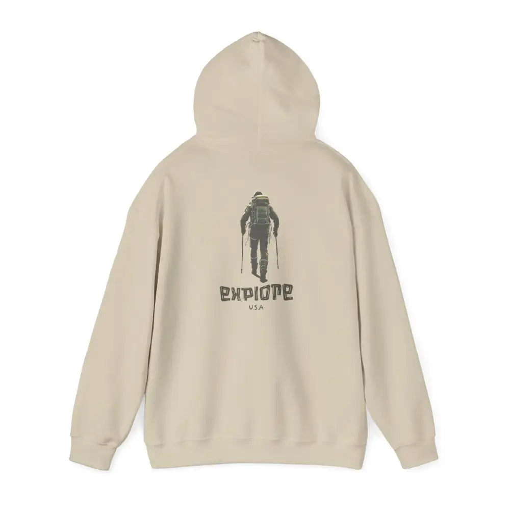 Great Explorer Bear Graphic Hoodie with hiker and Explore USA on back