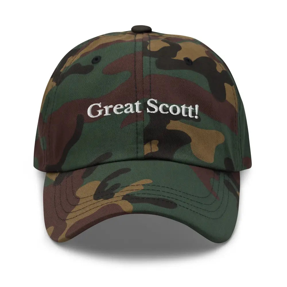 Great Scott embroidered camo baseball cap by Trini Skies
