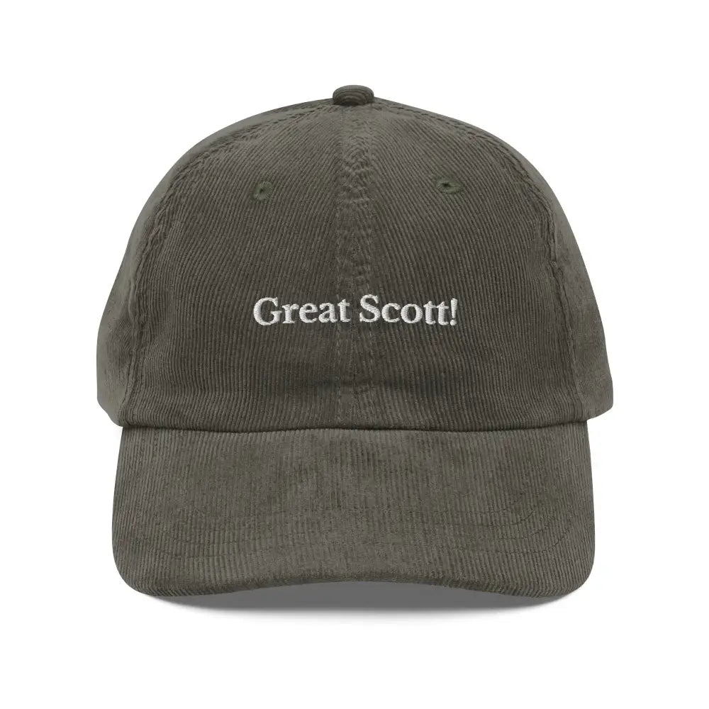 Dark green vintage corduroy cap with Great Scott embroidered in white