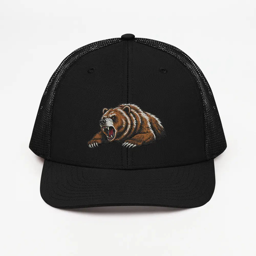 Grizzly bear embroidered Richardson trucker hat with snarling wildlife outdoor design