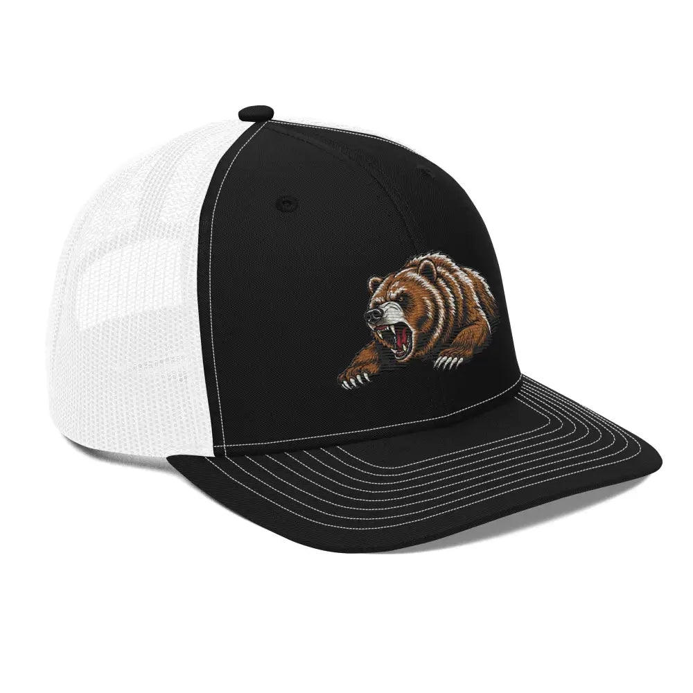 Grizzly bear embroidered Richardson 112 trucker hat in black and white