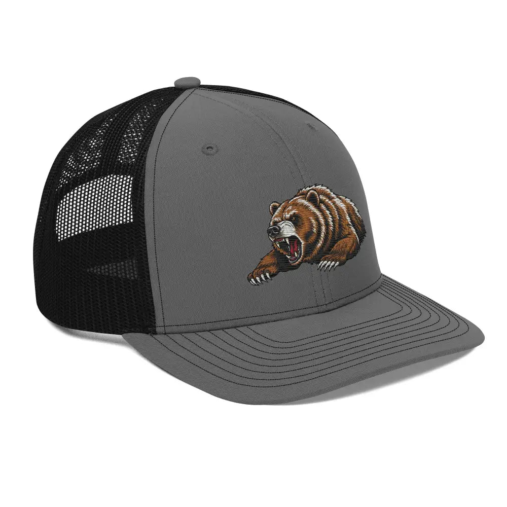 Grizzly bear embroidered Richardson trucker hat with snarling bear emblem