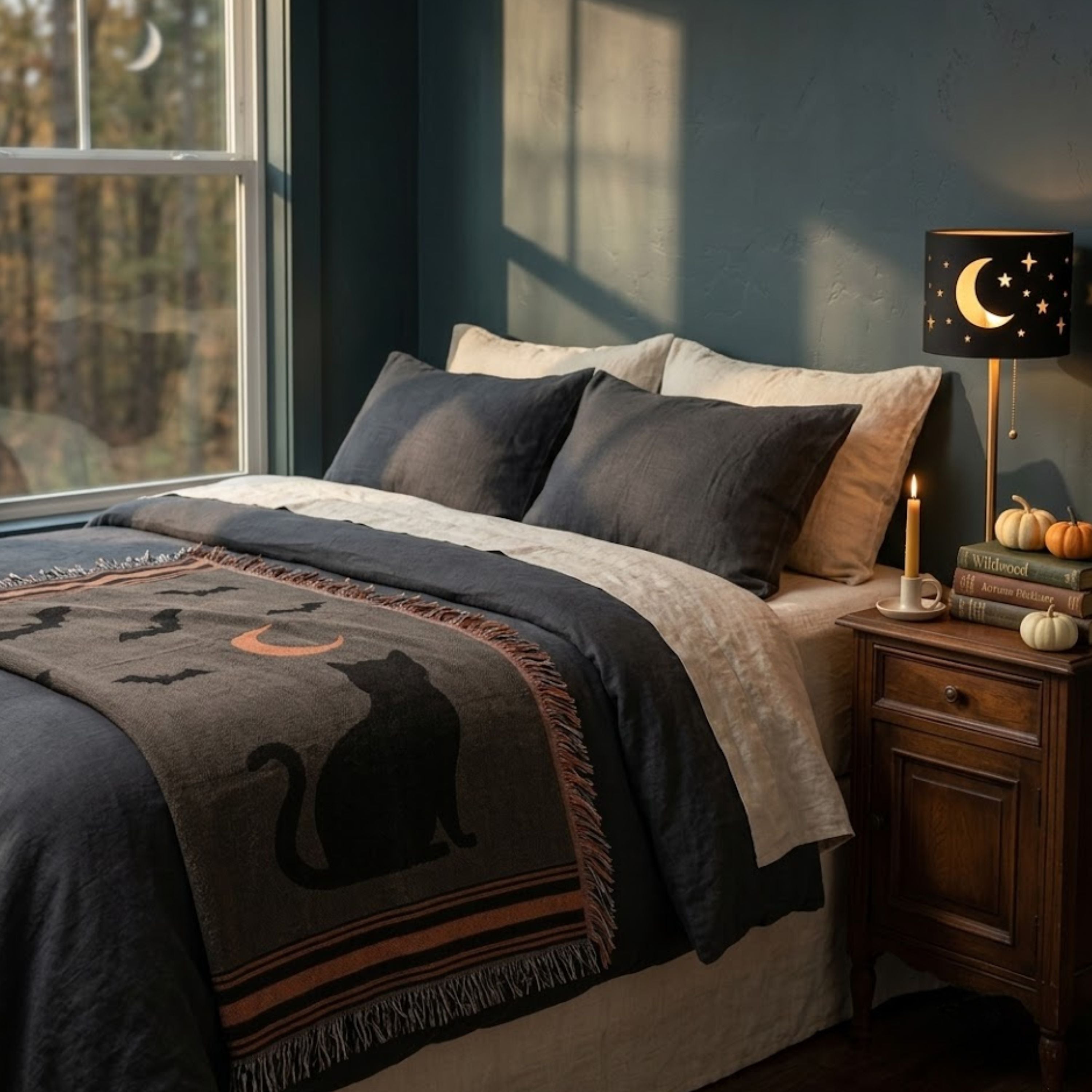 Halloween Black Cat woven cotton throw blanket laid over a bed with navy and cream bedding beside a window showing the moon, a black cat curled up asleep on the blanket, crescent moon design visible — Trini Skies