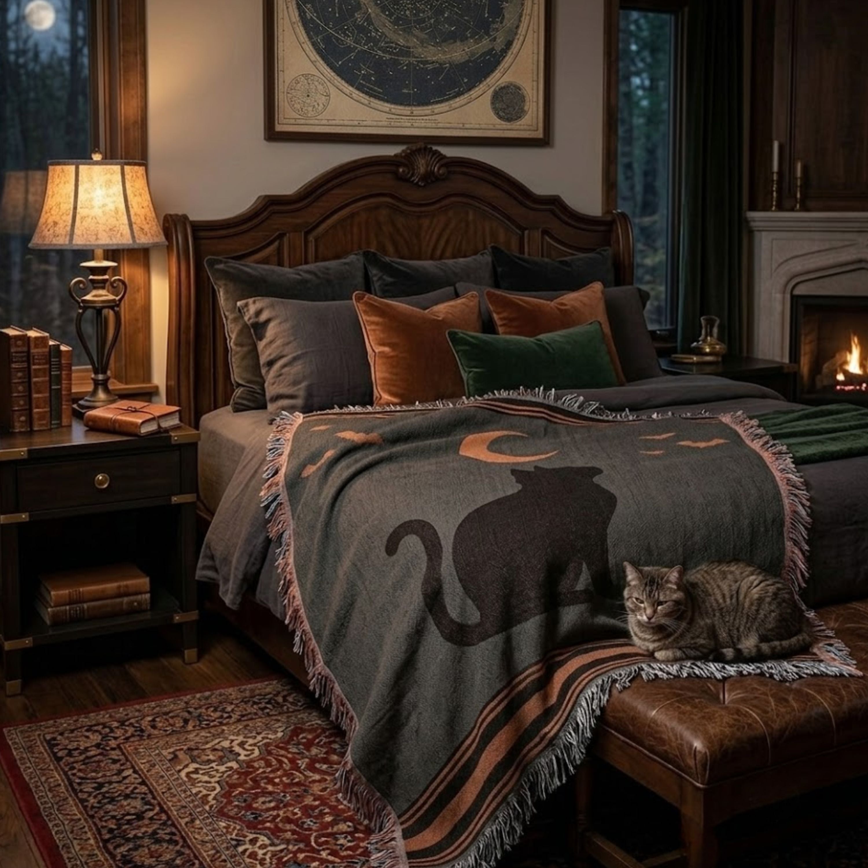 Halloween Black Cat woven cotton throw blanket folded on an ornately carved bed with emerald pillows and a lit bedside lamp, showing the black cat and crescent moon design — Trini Skies
